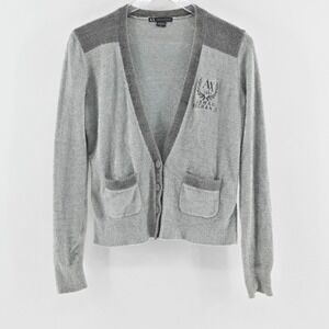 Armani Exchange Cardigan Sweater Womens Size S Academic Gray Logo Patch Pocket